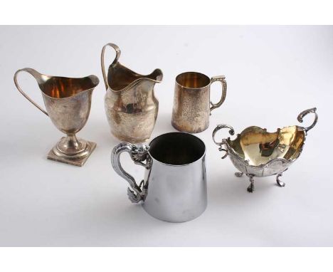 A 20TH CENTURY CHINESE MUG with a dragon handle (rhodium plated), maker's mark "LC" & character mark, two George III milk jug