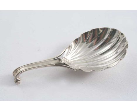 A GEORGE III CADDY SPOON with a shell bowl & volute terminal, by George Smith & William Fearn, London 1787;  3.25"  (8.1 cms)