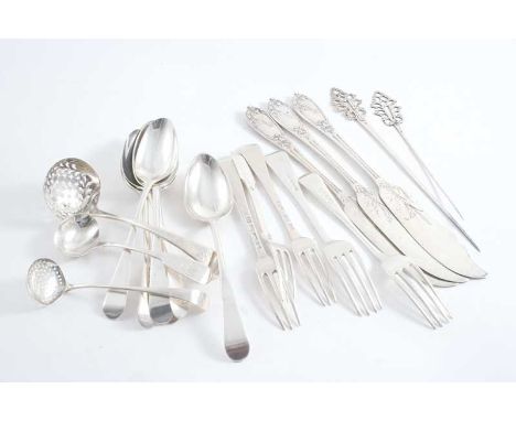 A MIXED LOT: Six various George III Old English pattern dessert spoons (one initialled), five various small/dessert forks (on