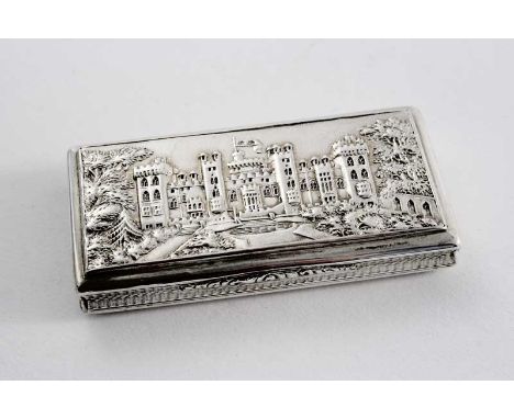 AN EARLY VICTORIAN "CASTLE TOP" SNUFF BOX of shallow rectangular form with engine-turned base & sides & a view of Windsor Cas