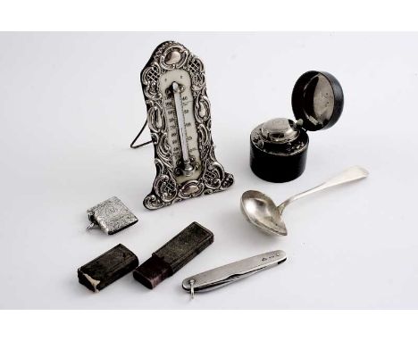 A MIXED LOT: A mounted thermometer with an easel stand, by Levi & Salaman, Birmingham 1901, a mounted steel pocket knife with