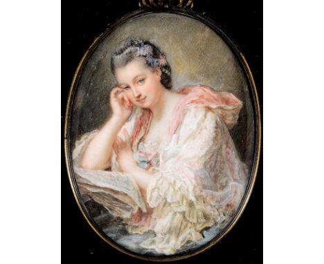 ATTRIBUTED TO JACQUES CHARLIER  Miniature portrait of a lady wearing white and pink dress, half length, seated with a sheaf o