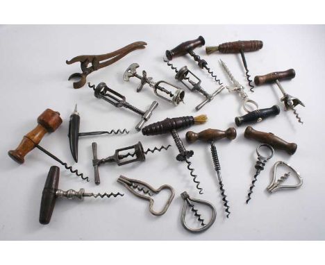 A STEEL "TANGENT" LEVER CORKSCREW (no screw), two steel "The Surprise" corkscrews, a plated corkscrew & tap (combined) with a
