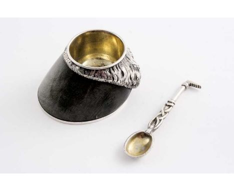 A VICTORIAN NOVELTY MOUNTED HORN SALT in the form of a horse's hoof with matching salt spoon in the form of a stylised riding