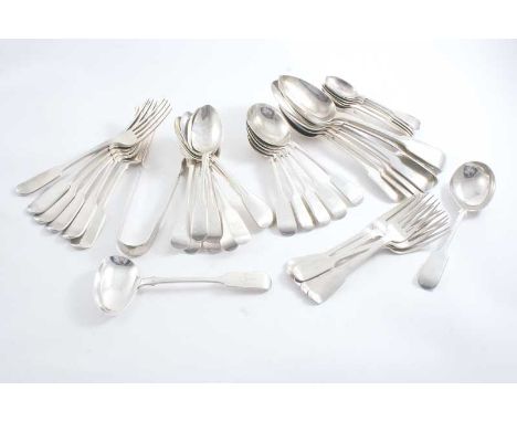 MISCELLANEOUS FIDDLE PATTERN FLATWARE: Eight table spoons, six table forks, ten dessert spoons, six soup spoons, a small ladl