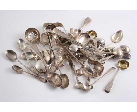 A MIXED LOT OF FLATWARE Three various caddy spoons, four various condiment spoons, five various pairs of sugar tongs, a sugar