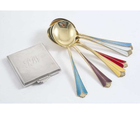 A MODERN DANISH ART DECO REVIVAL SQUARE POWDER COMPACT initialled "PVB", by Georg Jensen of Copenhagen and six modern Norwegi