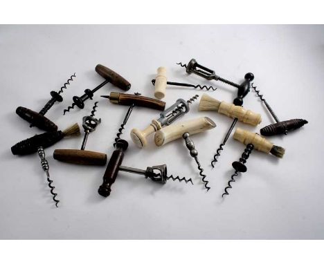 SEVEN VARIOUS STEEL CORKSCREWS with wooden handles, an antler handled steel corkscrew with spike, and ivory handled corkscrew