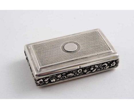 A GEORGE III ENGINE-TURNED SNUFF BOX oblong with raised floral decoration around the sides, gilt interior, by D. Hockley & T.