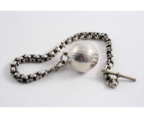 A VICTORIAN PENDANT COMPENDIUM in the form of a sphere hinging open in three places to reveal: a vinaigrette compartment with