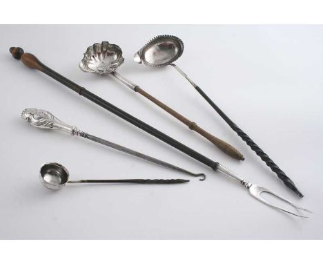 A 19TH CENTURY TOASTING FORK with a turned, lignum vitae handle, unmarked, two George III punch ladles, an unmarked toddy lad