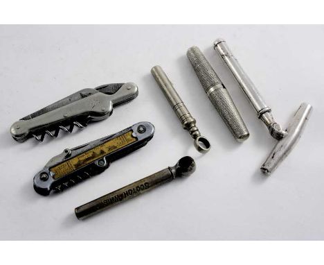 THREE VARIOUS METAL POCKET CORKSCREWS with tubular guards, another T-shaped, plated example, a nickel & steel travelling cork
