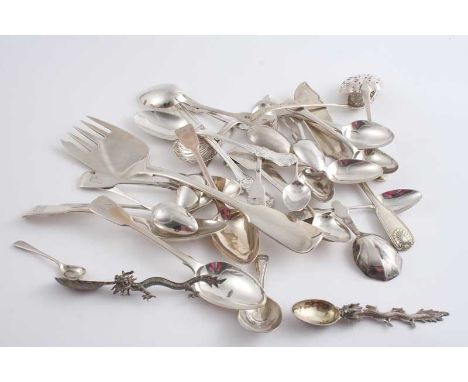 A MIXED LOT: A Victorian Fiddle pattern serving fork, by George Adams, London 1844,  sixteen various tea spoons, a Victorian 