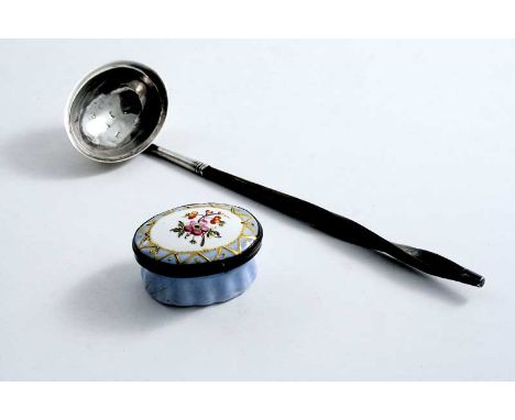 A 19TH CENTURY ENAMELLED COPPER PATCH BOX oval with a mirror inside the cover, and a George III small toddy ladle with a whal