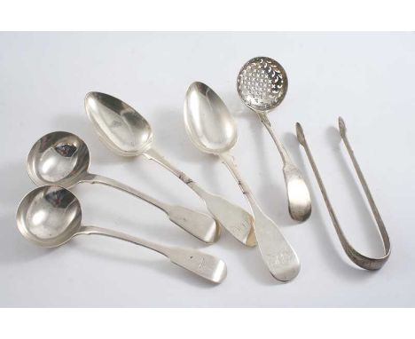 A PAIR OF FIDDLE TABLE SPOONS initialled, by James Dicks, London 1825, two George IV Fiddle sauce ladles (one crested) by two