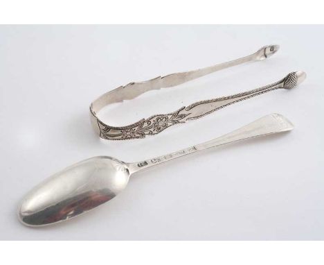 A PAIR OF GEORGE III FEATHER-EDGE PATTERN SUGAR TONGS with acorn bowls & chased upper arms, maker's mark "TW", London c.1775 