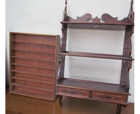 A Victorian style hanging shelves with two drawers together with another hanging shelf