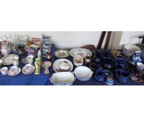 Assorted pottery jugs together with glass vases, decanter etc