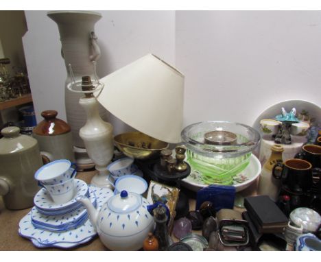 A large lot including a Japanese part tea set together with a glass decanter, glass vases, a Prinknash part coffee set, hards