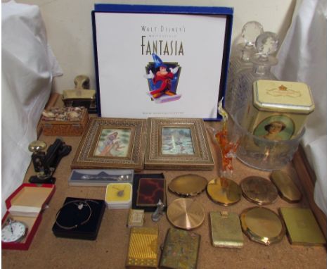 A pair of glass decanters, together with a Boda glass bowl, compacts, Indian pictures, Fantasia book timer and two necklaces