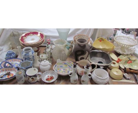 A Carltonware tricorn pedestal bowl together with other Carltonware items, electroplated dish, pottery jardiniere, Coalport c