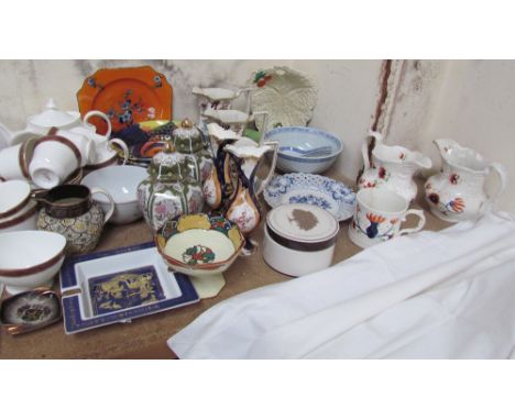 A Royal Doulton Martinique pattern part tea service together with a Gwili pottery bowl, a Meissen plate, Swansea pottery jugs