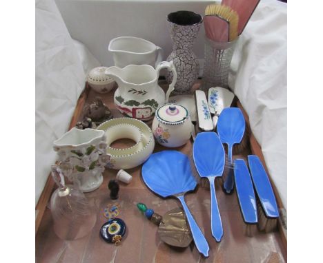 Silver and enamel part dressing table sets together with a Poole pottery preserve pot and cover, Swansea pottery jug, glass b