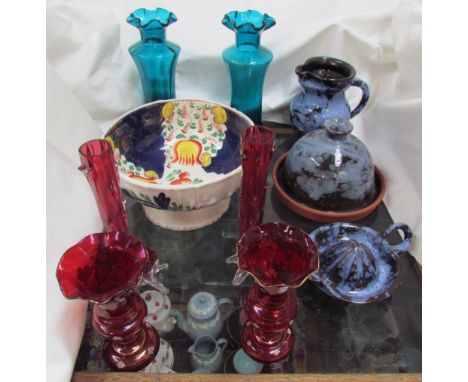 A Ewenny pottery cheese dome and base with together with a Ewenny pottery jug, Ewenny pottery lemon squeezer, ruby glass vase