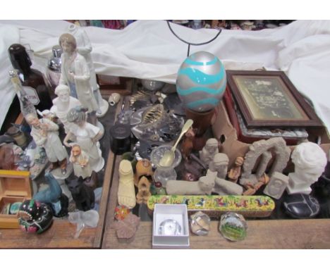 A Nao figure of a doctor together with other figures, glass medicine measure, stone figures, Poole pottery etc