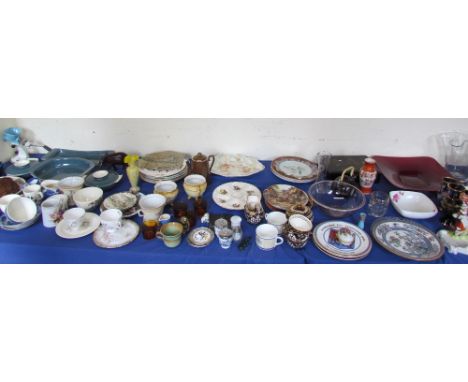 A large lot including an unframed sampler together with assorted part tea and dinner services, collectors plates, vases etc