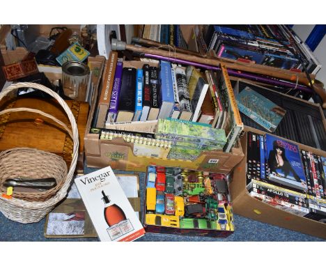 SEVEN BOXES AND LOOSE MISCELLANEOUS ITEMS to include two boxes of DVDs comprising horror titles to include Texas Chainsaw Mas