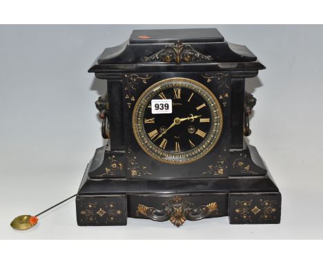 A LATE 19TH CENTURY FRENCH SLATE MANTEL CLOCK, dial marked Brison - Paris, gilt Roman numerals, mechanism stamped Medaille De