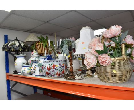 A QUANTITY OF LARGE ORNAMENTS to include a  floral painted Kewdos planter, diameter 26cm, a group of four similarly patterned