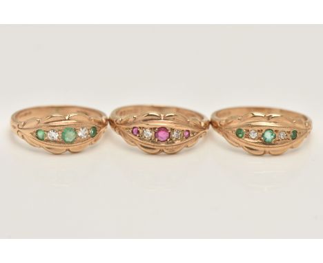 THREE 9CT GOLD GEM SET RINGS, three yellow gold Edwardian style rings, two set with three emeralds and two diamonds, one set 