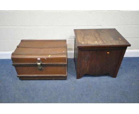 A 20TH CENTURY METAL TRUNK, width 70cm x depth 50cm x height 47cm, along with a lidded storage box, condition report: marks, 