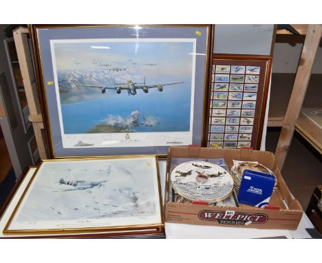 A BOX AND LOOSE MILITARY AIRCRAFT RELATED ITEMS, to include a framed limited edition signed print, after Frank Wootton 'The S