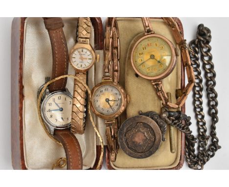 FOUR LADIES WRISTWATCHES AND A SILVER ALBERT CHAIN WITH FOB MEDAL, to include a ladies 9ct gold cased 'Excalibur' manual wind