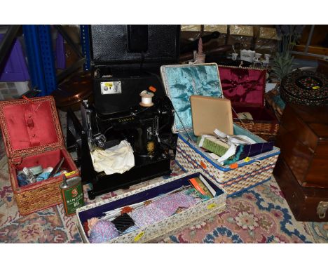 A QUANTITY OF SEWING, KNITTING AND PAINTING ITEMS, to include a cased Singer motorised sewing machine with accessories, a wir