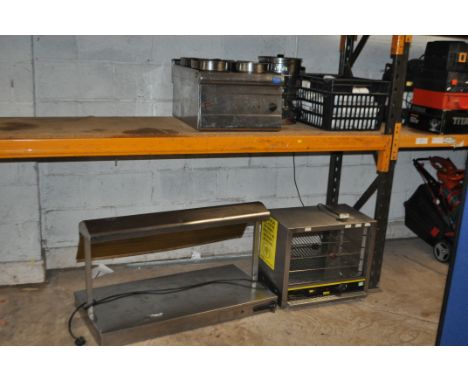 A COLLECTION OF CATERING EQUIPMENT including a Buffalo heated cabinet (one glass door missing), a Parry four pan Bain-marie, 
