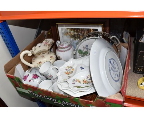 TWO BOXES OF MIXED CERAMICS AND GLASS to include three Aynsley 'Cottage Garden' plates, a Royal Tuscan for Harrods teapot (br