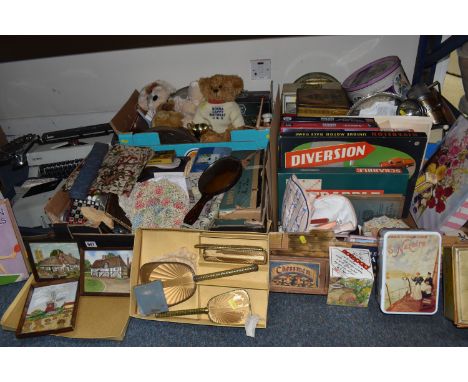 SIX BOXES AND LOOSE MISCELLANEOUS ITEMS, to include an Olympia typewriter, a Voigtlander Perkeo imagine projector in blue car