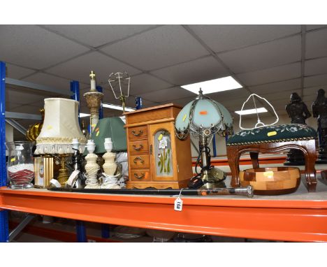 A GROUP OF TWELVE LAMPS AND MISCELLANEOUS ITEMS to include a cane with a silver monogrammed handle marked '1918' (hallmarks p