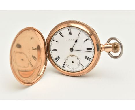 A GOLD PLATED 'WALTHAM MASS' FULL HUNTER POCKET WATCH, AF, manual wind, round white dial signed 'A.W.W.Co Waltham Mass', Roma
