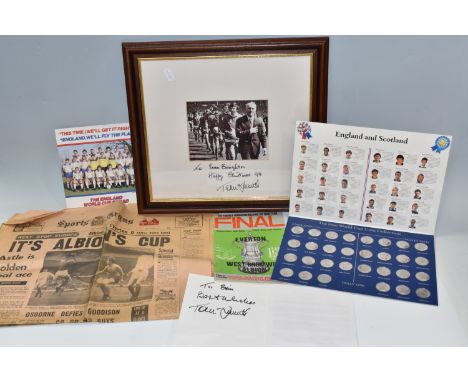 ONE BOX OF FOOTBALL EPHEMERA comprising a framed signed photograph by Tommy Smith, leading Liverpool out at Wembley behind Bi
