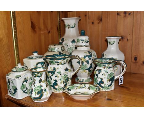 A GROUP OF MASON'S IRONSTONE 'CHARTREUSE' PATTERN GIFTWARE, comprising two ginger jars, an hexagonal tea caddy, square tea ca