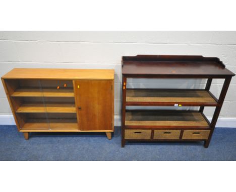 A MODERN MAHOGANY THREE TIER SIDE TABLE, with two wicker shelves and three wicker drawers, width 100cm x depth 36cm x height 