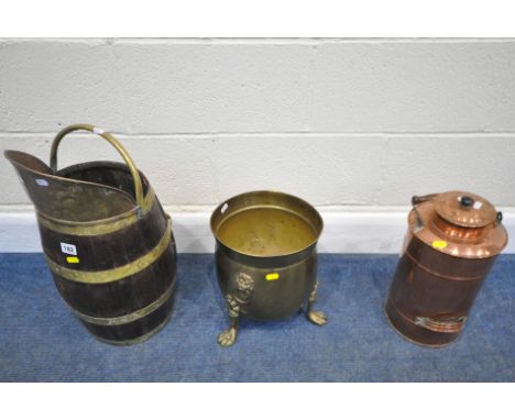 AN OAK COAL SCUTTLE, with brass banding and handle, height 52cm, a brass coal bucket, and a copper churn, condition report: a