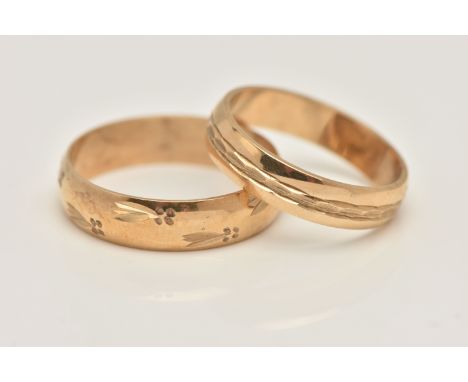 TWO 9CT GOLD BAND RINGS, the first a yellow gold band ring with a repeating diamond cut pattern, approximate band width 4.5 m