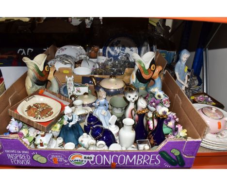 TWO BOXES AND LOOSE CERAMICS to include two Royal Winton glug jugs, a quantity of Palissy textured plates depicting birds, a 