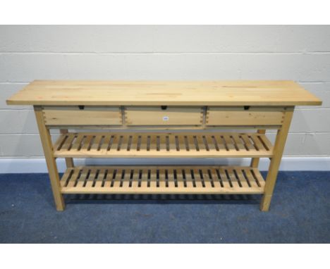 A MODERN BEECH CONSOLE TABLE, with three drawers, over two slatted shelves, length 188cm x depth 42cm x height 91cm, conditio